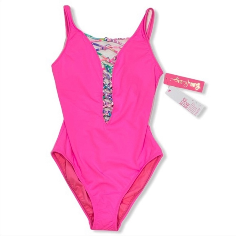Lilly Pulitzer Neon Pink One-Piece Swimsuit with Multicolor Plunge